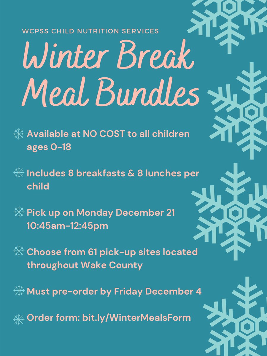 We will be serving meal bundles for Winter Break! These meal bundles are available at NO COST for all children ages 0-18. Families must pre-order by THIS Friday Dec 4th at bit.ly/WinterMealsForm. <a href="/WCPSS/">Wake County Public School System</a> <a href="/ncschoolmeals/">NCDPI School Nutrition</a> <a href="/WCPSSTeam/">Team WCPSS</a>