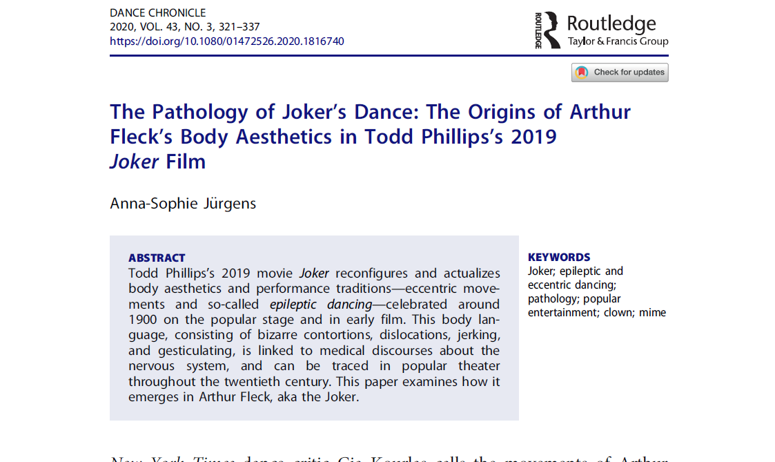 AnnaSo_Jurgens's tweet photo. Breaking out in dancing: "The Pathology of Joker’s Dance: The Origins of Arthur Fleck’s Body Aesthetics in Todd Phillips’s 2019 Joker Film" - just published! https://t.co/jrs2kIAwtw #Joker #Dance #pathology #circusandscience #jokermovie #toddphillips #ArthurFleck #JoaquinPhoenix https://t.co/CgauiM8W9i