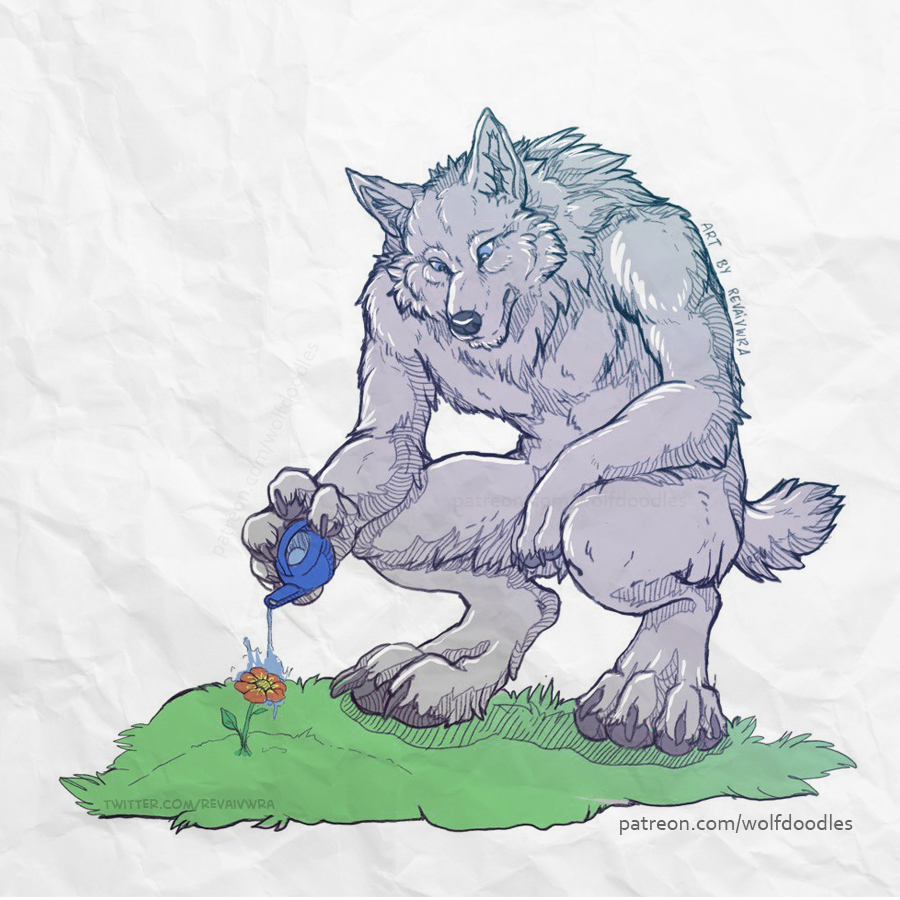 I really love drawing werewolves in simple situations like this. Look at  him, he really loves his tiny flower #werewolf #art, image size:900x900