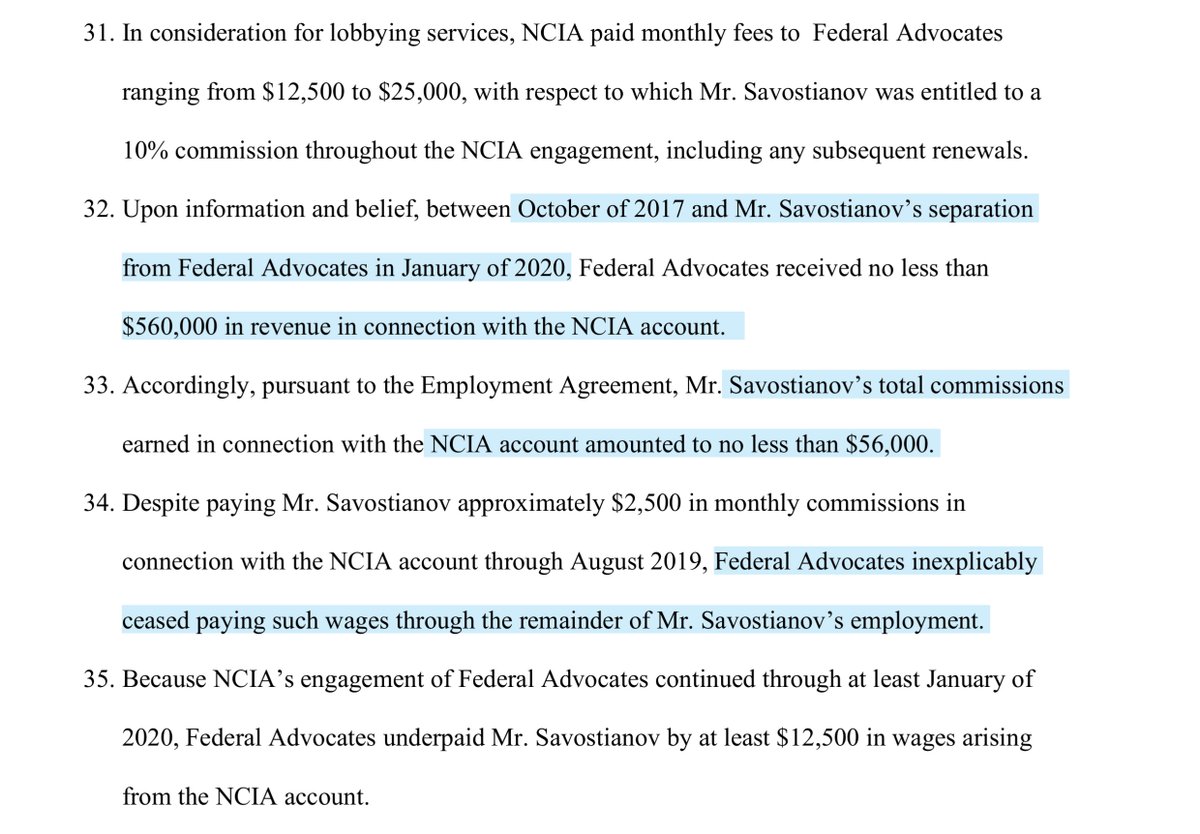 SAVOSTIANOVv.ADVOCATES INCan employment dispute proffers some amazing factsfollow along if interested...Oct 2017 -Mr. Savostianov’s separation Jan 2020, Federal Advocates received no less than $560,000 in revenue in connection with the NCIA account https://ecf.dcd.uscourts.gov/doc1/04517896725