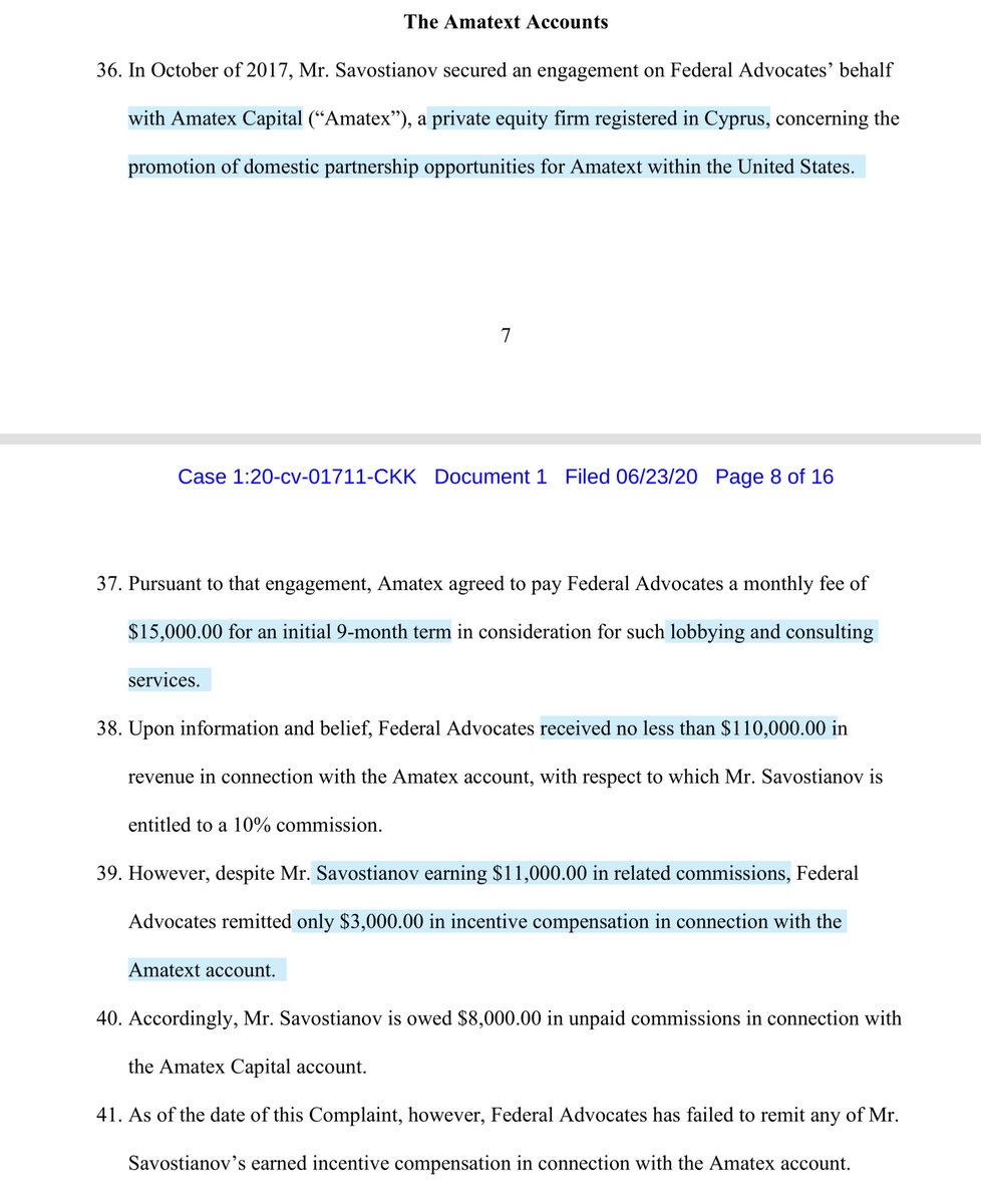 “Savostianov secured an engagement on Federal Advocates’ behalf with Amatex Capital, a private equity firm registered in Cyprus, concerning the promotion of domestic partnership opportunities for Amatext within the United States.“ https://ecf.dcd.uscourts.gov/doc1/04517896725