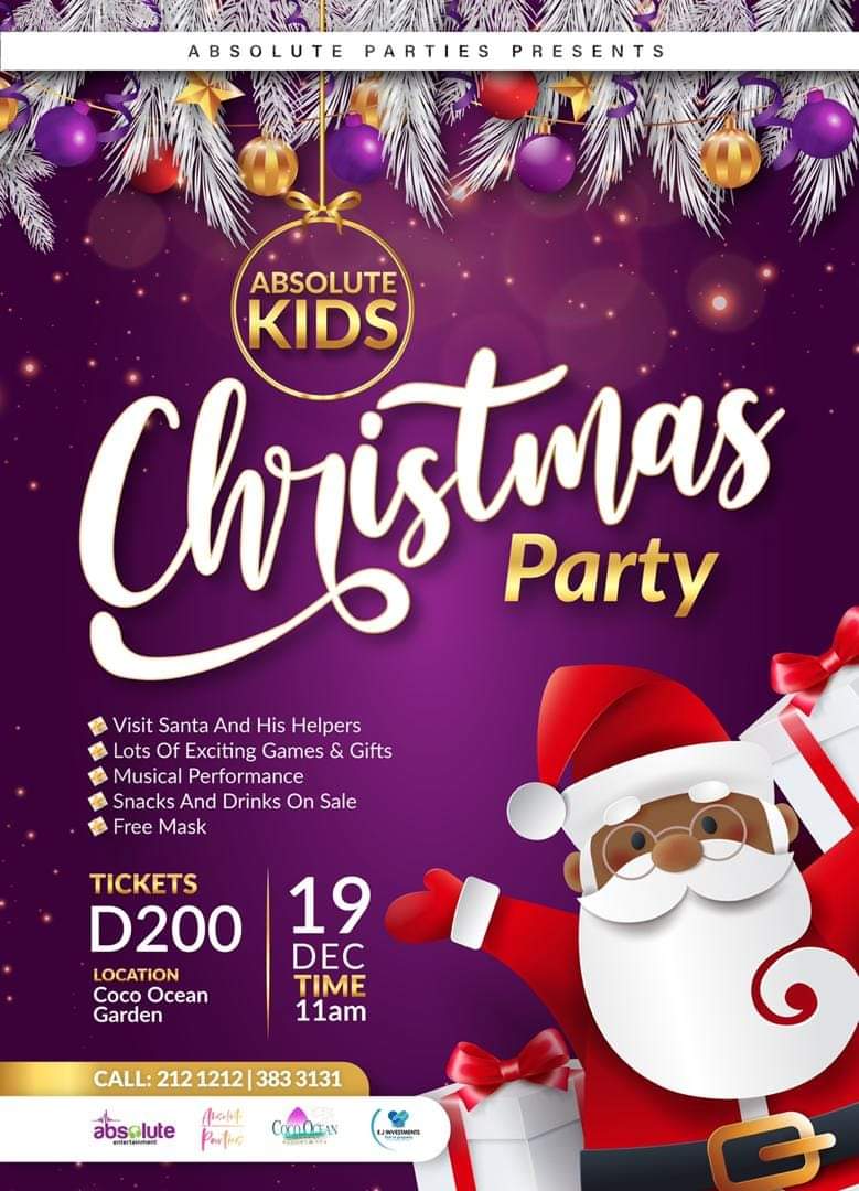 TairuJallow1's tweet image. Absolute Parties is here with SANTA for an ABSOLUTE KIDS CHRISTMAS PARTY
We will be taking in a limited number of kids as we are considering #Covid19 guidelines.
Food and Drinks will be sold separately!
Come meet Santa and his helpers!
#AbsoluteEntertainment
