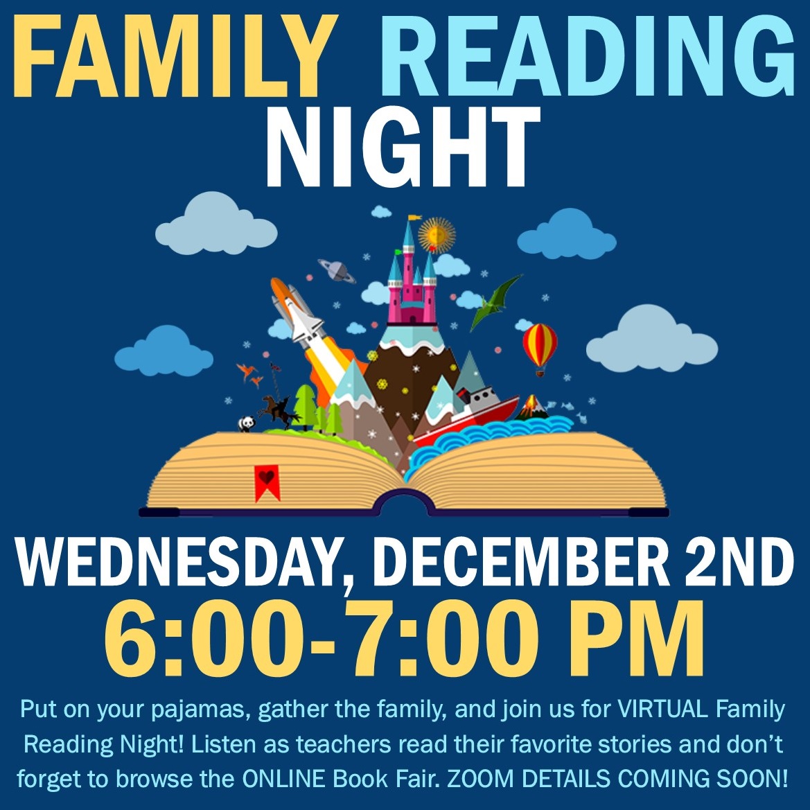 Join the Sacajawea teachers tonight, December 2nd, from 6-7 pm for the Book Fair Family Reading Night event. 4 teachers will take center stage for 15 minutes each to read some of their favorite stories. Zoom webinar link: vansd.zoom.us/s/85149831279 

SEE YOU THERE, SKYHAWKS!
