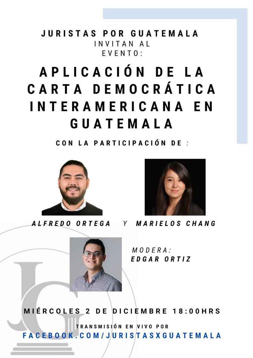 ¡Es hoy! 
Hoy platicaremos con <a href="/edgar_ortizgt/">Edgar Ortiz Romero</a> , <a href="/edortfra/">Alfredo Ortega Franco</a> y <a href="/marieloscm/">Marielos Chang</a> sobre la Carta Democrática Interamericana.
Los esperamos en Fb Live. 😃😃😃