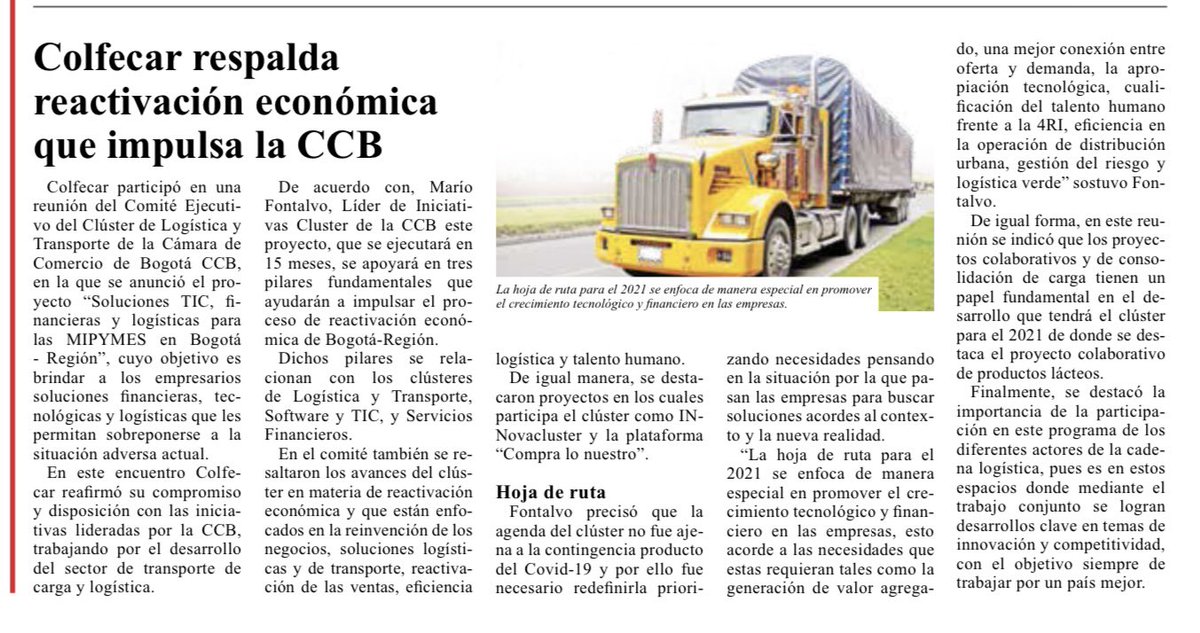 mariofontalvof's tweet image. Gracias @Colfecar por la nota publicada en El Container de noviembre. Refleja el compromiso de la @camaracomerbog de acompañar a los empresarios en su reactivación económica, de la mano de aliados como ustedes en el comité ejecutivo del #clusterlogistica de Bogotá región