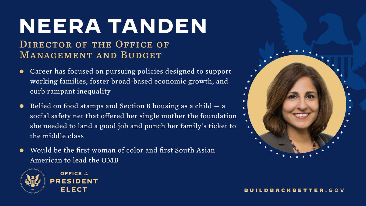 If confirmed, @NeeraTanden would be the first woman of color and the first South Asian American to lead the @OMBPress. Her experience and voice is vital as she has been a leading architect of bold policies to support working families, foster economic growth, and curb inequality.