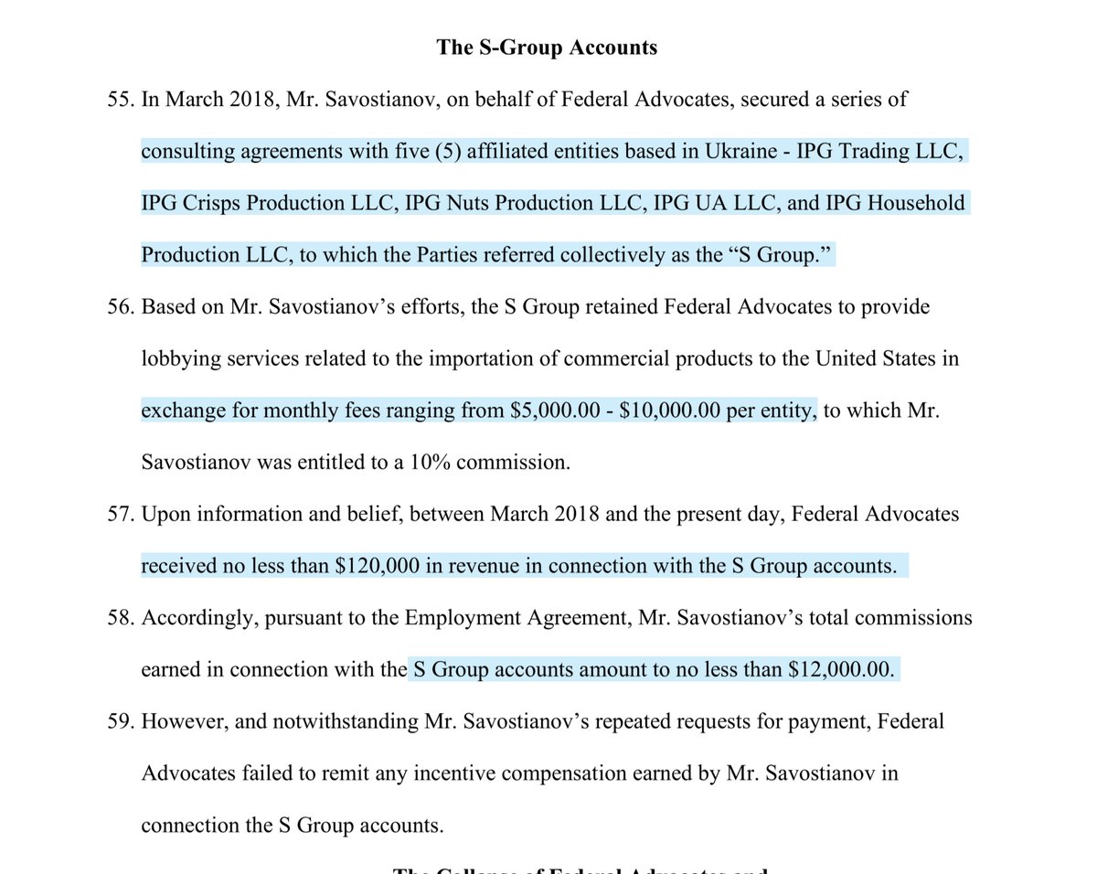 March 2018consulting agreements with five (5) affiliated entities based in UkraineIPG Trading LLC, IPG Crisps Production LLCIPG Nuts Production LLCIPG UA LLCIPG Household Production LLC,to which the Parties referred collectively as the “S Group.”  https://ecf.dcd.uscourts.gov/doc1/04517896725