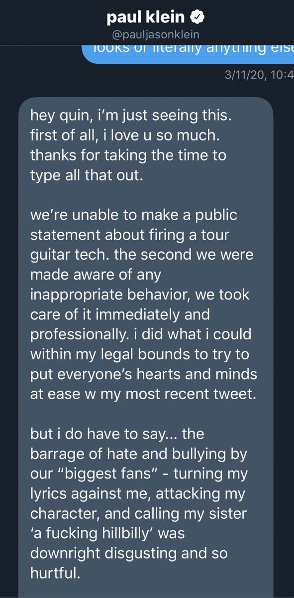paul klein sent this message to a fan explaining that their approach was cryptic in order to avoid a defamation lawsuit, but then immediately started complaining about the behavior of fans that were hurt by the situation - as if they owed him anything