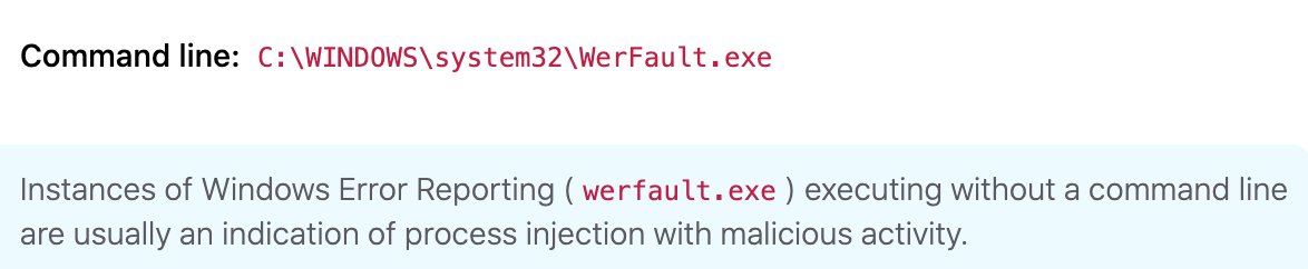 Qbot also injects malicious code into the Windows Error Reporting (werfault.exe) executable to evade detection. You can detect this activity by alerting on the execution of werfault.exe without a corresponding command line.