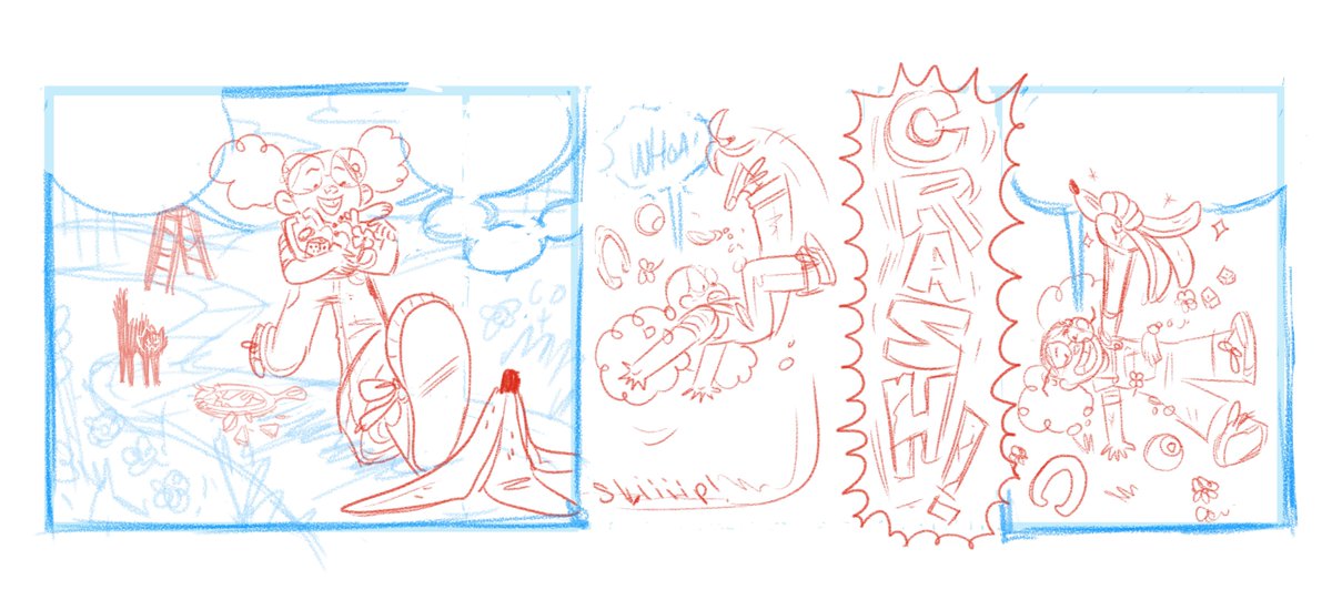 Next come the thumbnails!  @BrooklynAAllen did these! As you can see, it's starting to look like a comic. It's a sketched out idea, solid enough that we get the picture but vague enough that we could make edits if need be.