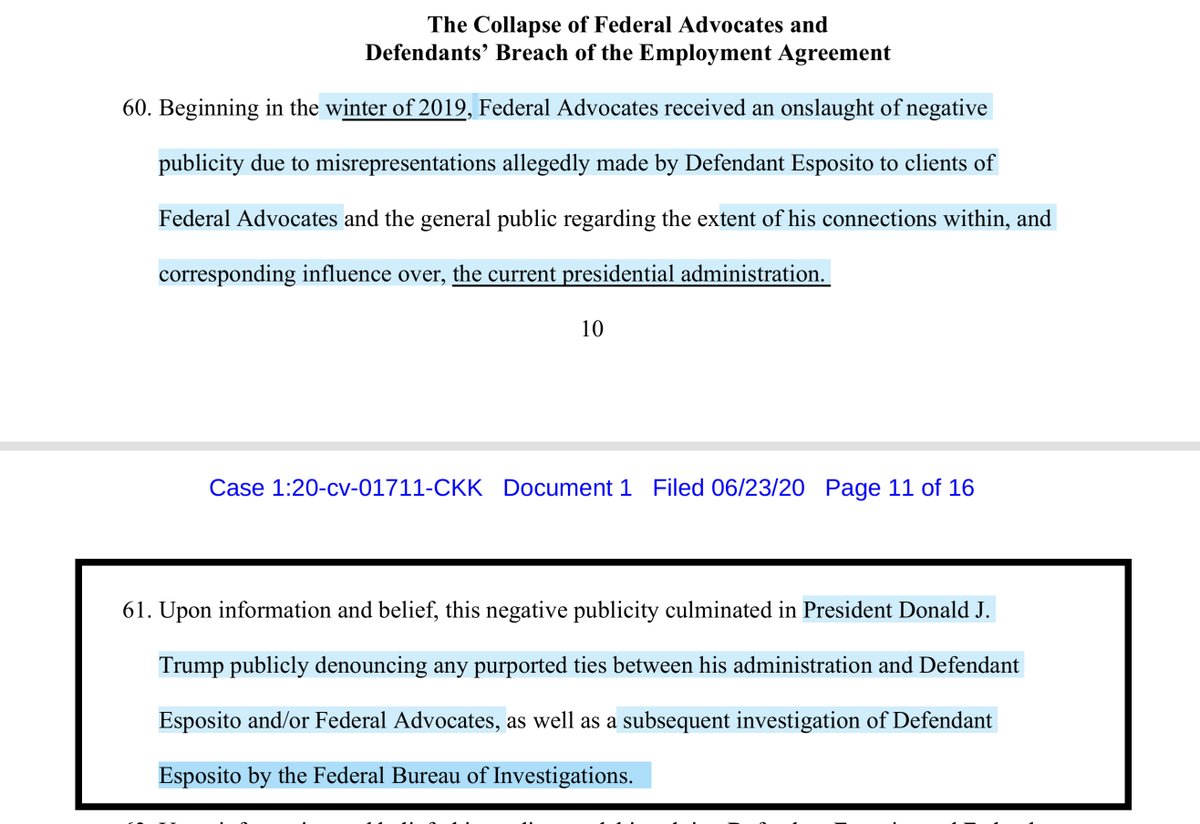 “Federal Advocates received an onslaught of negative publicity due to misrepresentations.. made by Defendant Esposito...regarding the extent of his connections within, and corresponding influence over, the current presidential administration“see para 64 https://ecf.dcd.uscourts.gov/doc1/04517896725