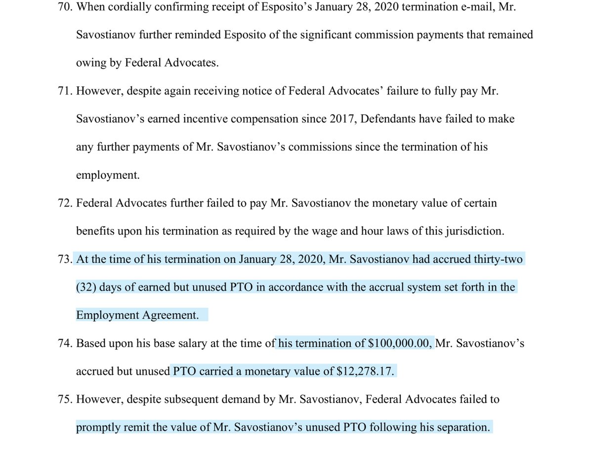 “At the time of his termination on Jan 28, 2020, Mr. Savostianov had accrued 32 days of earned but unused PTO in accordance with the accrual system set forth in the Employment Agreement. Savostianov’s..unused PTO carried a monetary value of $12,278.17“ https://ecf.dcd.uscourts.gov/doc1/04517896725