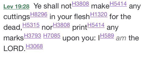 In Leviticus 19:28 our Father in Heaven instructs not to cut designs into human flesh, called scarification, or scribe our flesh with marks, tattooing, called in Hebrew kethobeth qaaqa, but He does not explain why, which means it was self evident at the time