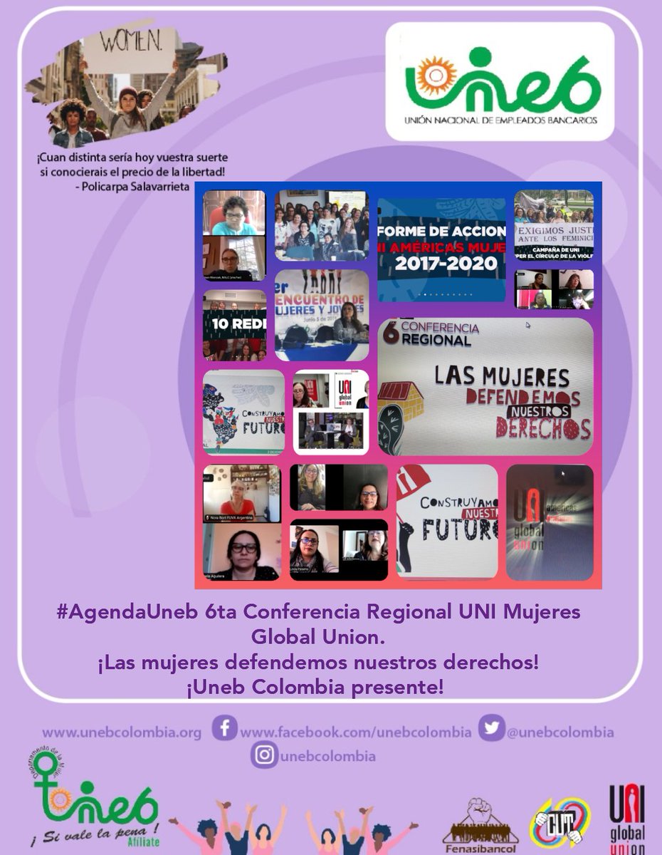#AgendaUneb 6ta Conferencia Regional UNI Mujeres Global Union.
¡Las mujeres defendemos nuestros derechos! ¡Uneb Colombia presente! <a href="/unebcolombia/">UNEB</a> <a href="/uniamericas/">UNI Américas</a> <a href="/uni_equal/">UNI Equal Opportunities</a> <a href="/marcio_monzane/">Marcio Monzane 🇧🇷🇨🇴🇺🇾</a> <a href="/MujeresUniColom/">RedUniMujeresColombia</a> <a href="/sophyeo19/">Sofia Espinosa Ortiz</a> <a href="/Gloparmo/">Gloria Arguello</a> <a href="/lilipala28/">Liliana Palacios</a> <a href="/uni_equal/">UNI Equal Opportunities</a> <a href="/MujeresUniColom/">RedUniMujeresColombia</a>