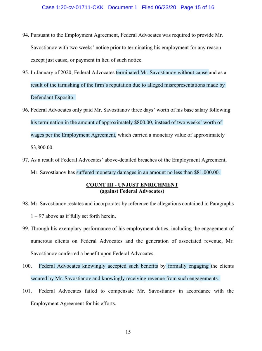 The complaint has languished -it took months to properly serve Esposito. He then filed a MTD and hasn’t fully answered the basic allegations in the Complaint. Typically employment disputes do not warrant scrutiny but it’s the clients that made me curious https://ecf.dcd.uscourts.gov/doc1/04517896725