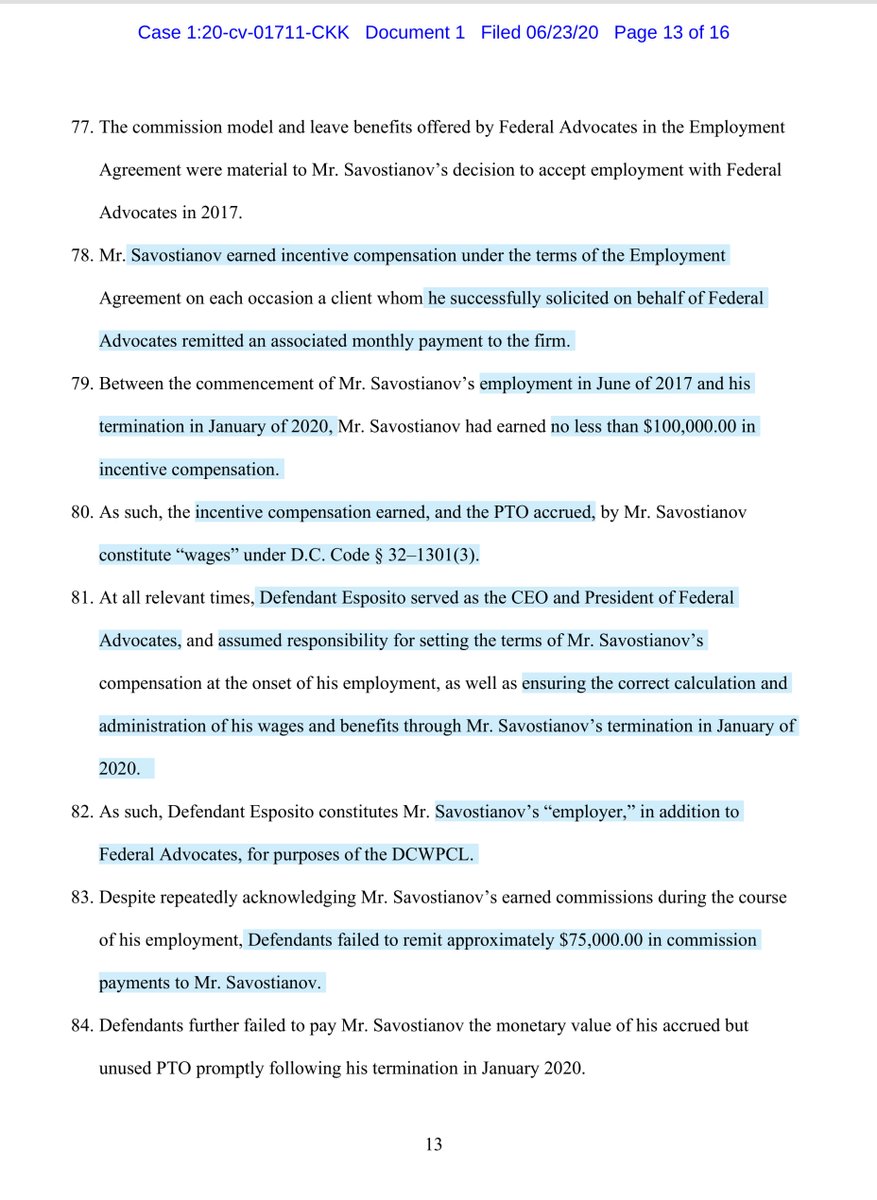 The complaint has languished -it took months to properly serve Esposito. He then filed a MTD and hasn’t fully answered the basic allegations in the Complaint. Typically employment disputes do not warrant scrutiny but it’s the clients that made me curious https://ecf.dcd.uscourts.gov/doc1/04517896725