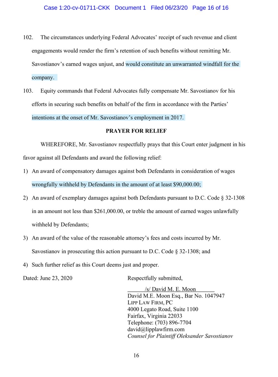 The complaint has languished -it took months to properly serve Esposito. He then filed a MTD and hasn’t fully answered the basic allegations in the Complaint. Typically employment disputes do not warrant scrutiny but it’s the clients that made me curious https://ecf.dcd.uscourts.gov/doc1/04517896725