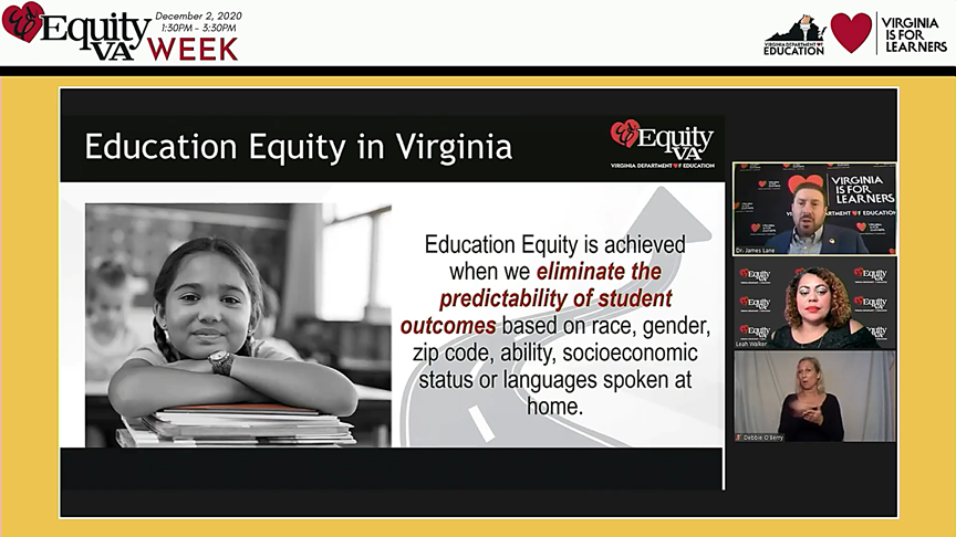 VDOE_News's tweet photo. In the next portion of our second 2020 #EdEquityVAWeek symposium, @VA_Supt and @LeDWalk introduce Virginia's Roadmap to Equity, available at https://t.co/Nm9CrMcNQ1, with our updated definition of education equity: https://t.co/K19jxDZwIo