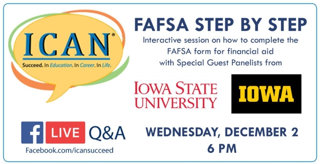 BHS_futureready's tweet image. TONIGHT, December 2 at 6 pm, ICAN is hosting a livestream event on its Facebook page – facebook.com/icansucceed - to walk through each question on the FAFSA form and answer questions you may have. @u_bett