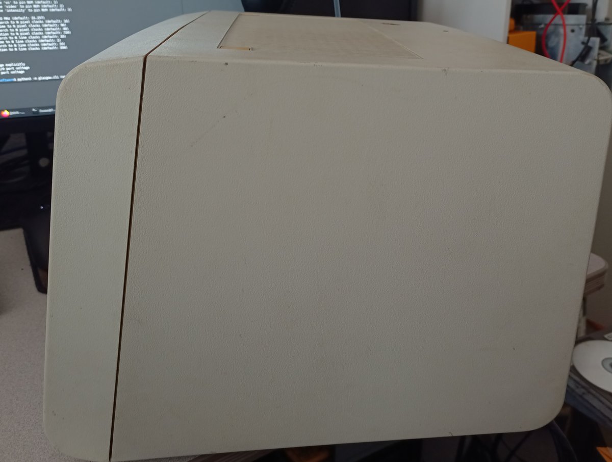 This is the IBM 5151 monochrome monitor, the original monitor for the IBM PC. It's big, monochrome (kinda: it's really 3/4-shades-of-grey, I think?), and originally TEXT ONLY (that's an adapter restriction), but pixel-wise it's 720x350