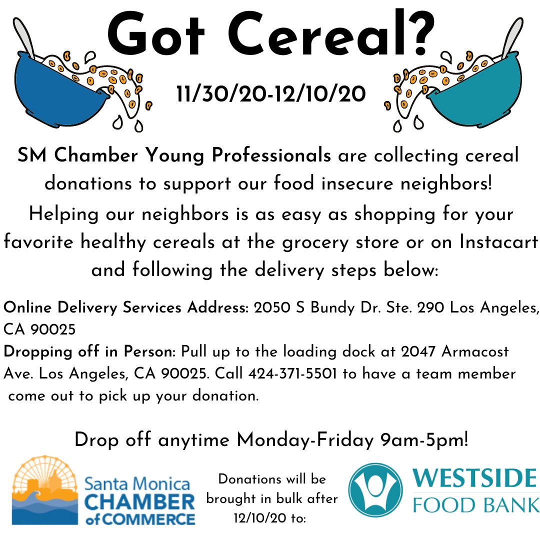 Help us help our Neighbors! Santa Monica Chamber of Commerce Young Professionals Committee has teamed up with the Westside Food Bank this year for a cereal drive. Deliver/ drop off a few boxes of healthy cereal at my office up until Thursday December 10th!

#neighborhoodofgood