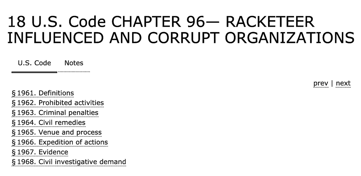 18 U.S.C. Chapter 96. Racketeer Influenced And Corrupt Organizations  -  R.I.C.O. https://www.law.cornell.edu/uscode/text/18/part-I/chapter-96#