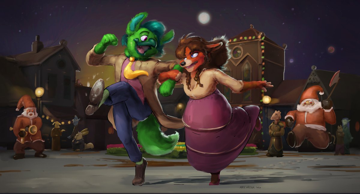 UnderbiteDragon's tweet image. when your date with a dr. who fan ends running from robot Santas on an alien planet
"...you're smiling?!"

painting commission for @malwave 
have a safe and cheery holiday, y'all ✨🎄