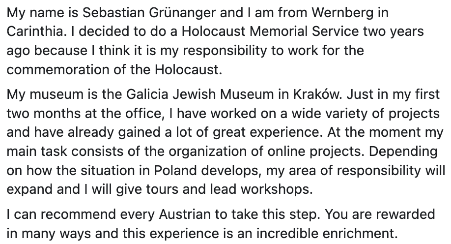 ServiceAbroad's tweet photo. I am Sebastian Grรผnanger from Carinthia. I decided to do a Holocaust Memorial Service two years ago because I think it is my responsibility to work for the commemoration of the Holocaust.
#austrianserviceabroad #serviceabroad #responsibility #travel #experience
#gedenkdienst https://t.co/78FZoVCqBW