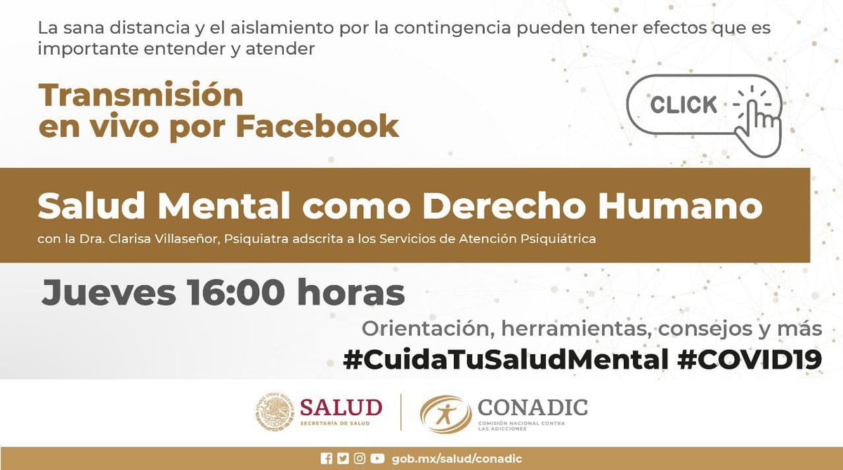 conasamamx's tweet photo. Te esperamos este jueves 3 de diciembre a las 16:00 h, por #FBLive y #Twitter, en el programa: #CuidaTuSaludMental. La Dra. Clarisa Villaseñor, psiquiatra adscrita a @Psiquiatria_SAP, hablará sobre la #SaludMental como Derecho Humano https://t.co/FkjDmSCV3h