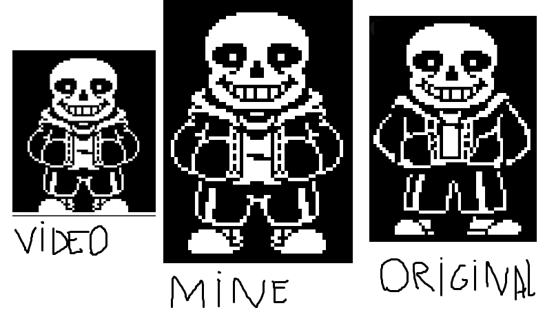 @KyleAllenMusic Since I have no way to contact you i'm using this, I saw your new UT song teaser and I noticed either you, or whoever edited that video used my Sans sprite instead of the original from the game. Here's a comparison. They look similar but there are some differences 
