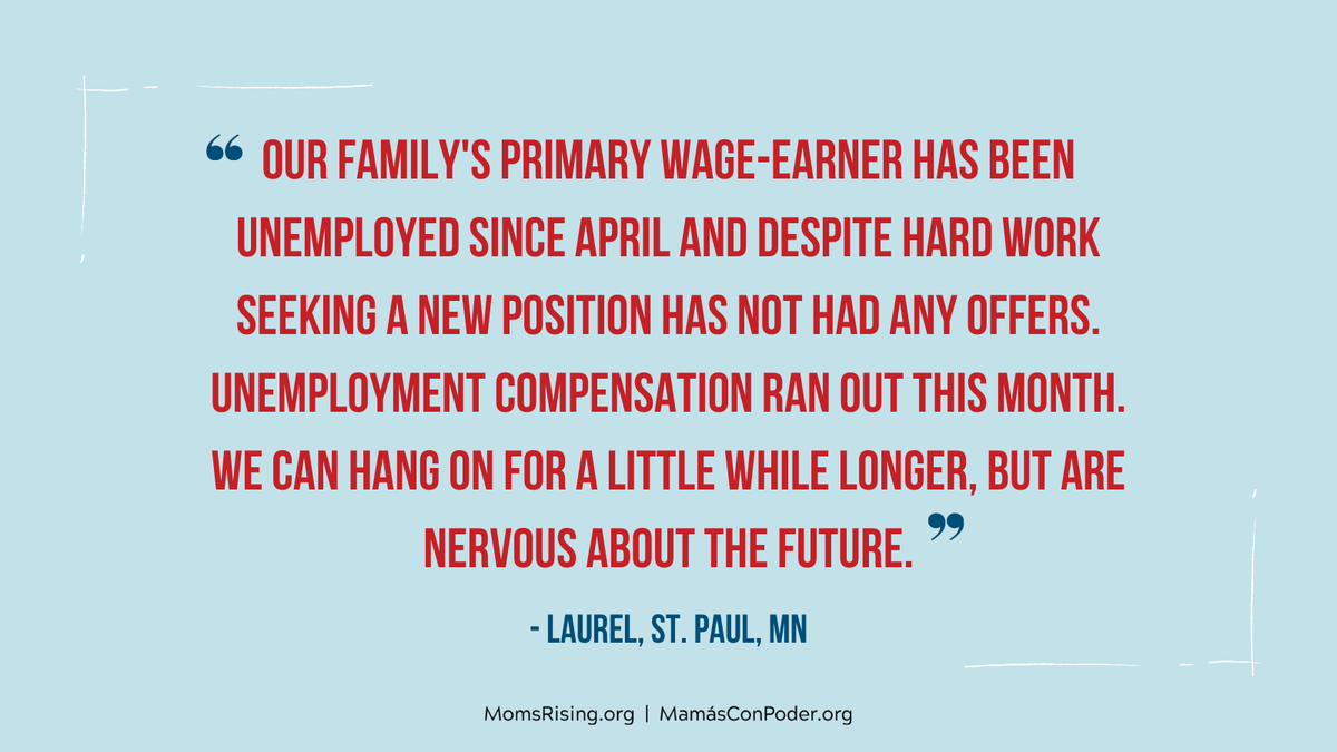 MomsRising's tweet photo. Families like Laurel's need #unemployment benefits to make ends meet during this pandemic. Unless Congress takes action ASAP, 12 million people will lose their UI by the end of the month.
Text ReliefNow to 747464 to tell your Senators "#ReliefCantWait! #SaveUI!" https://t.co/6l4fSfrkSp