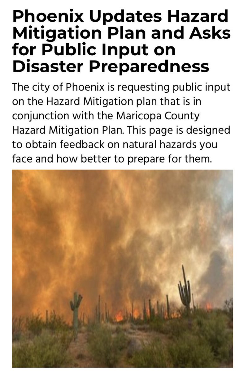 phxambassadors's tweet photo. The city of Phoenix is requesting public input on the Hazard Mitigation plan that is in conjunction with the Maricopa County Hazard Mitigation Plan.
Registration is required. 
https://t.co/FneIH3G4Ah https://t.co/8bz03Zll0S