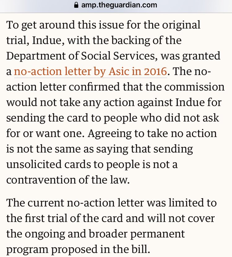 the five-year “trial” - like  #Robodebt, a harmful, hateful and hugely expensive failure dating to the Morrison and Porter periods as Human Services minister - was granted a no-action letter by ASIC in 2016 (hence the extended “trial” status for a 13 year old policy).