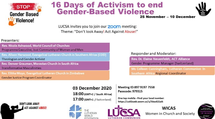 Join the #conversation on the many different contexts of #GenderBasedViolence. The #conversation is hosted by <a href="/LUCSA_91/">LUCSA</a> and includes Reverends and change agents working towards ending Social injustice.

#16DaysOfActivism #SpeakUp #SpeakOut

<a href="/lutheranworld/">The Lutheran World Federation</a>