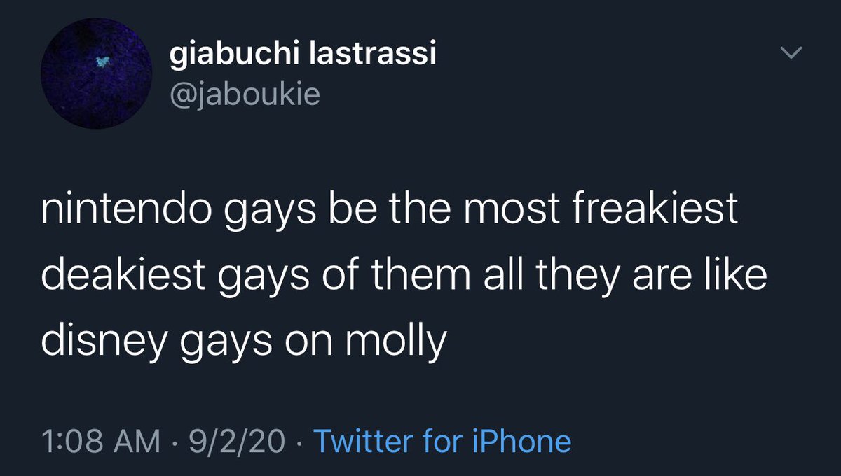 Deleted tweet from Jaboukie on September 2, 2020 at 1:08 AM that reads “Nintendo gays be the most freakiest deakiest gays of them all they are like Disney gays on molly”
