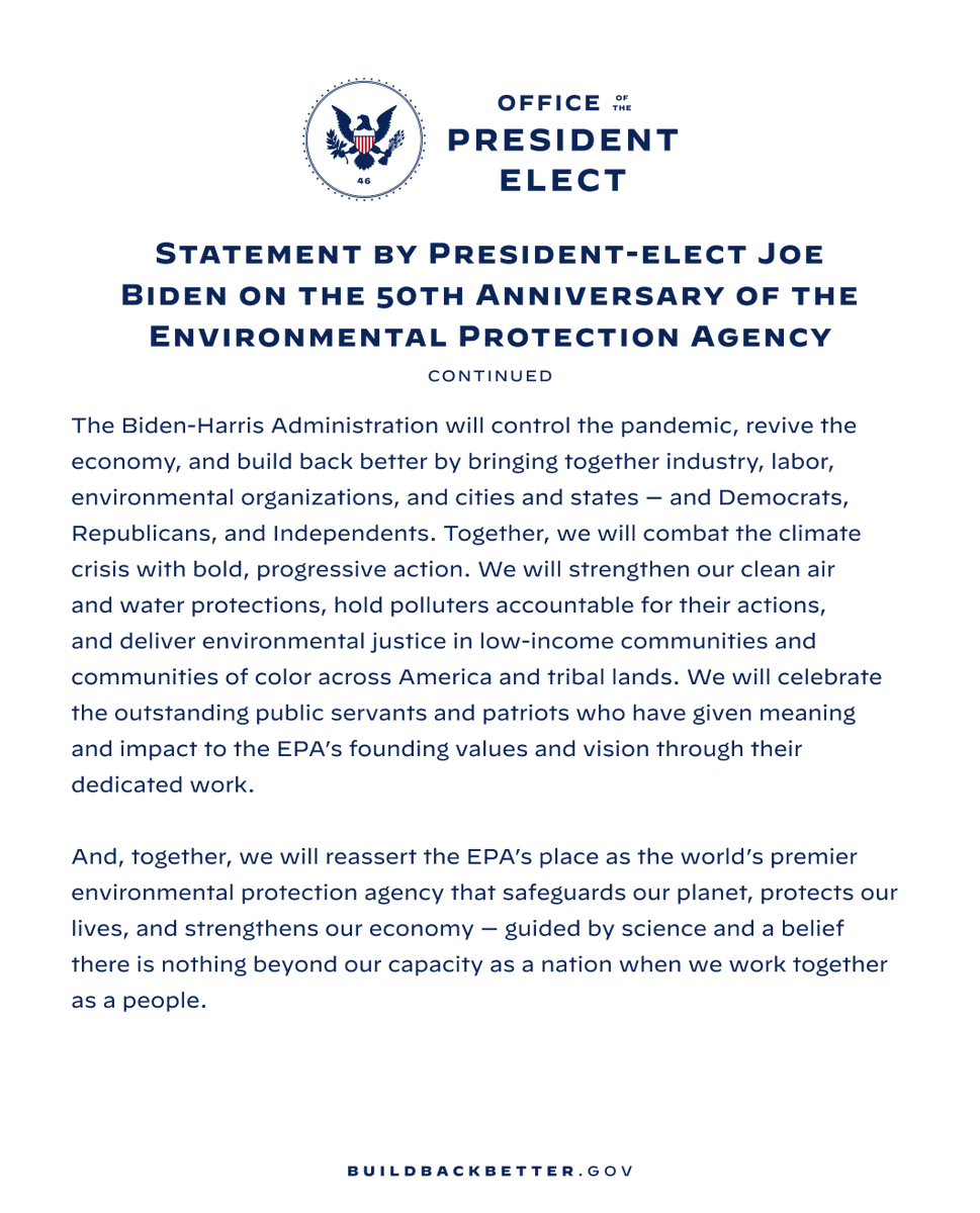 Statement by President-elect Joe Biden on the 50th anniversary of the Environmental Protection Agency.