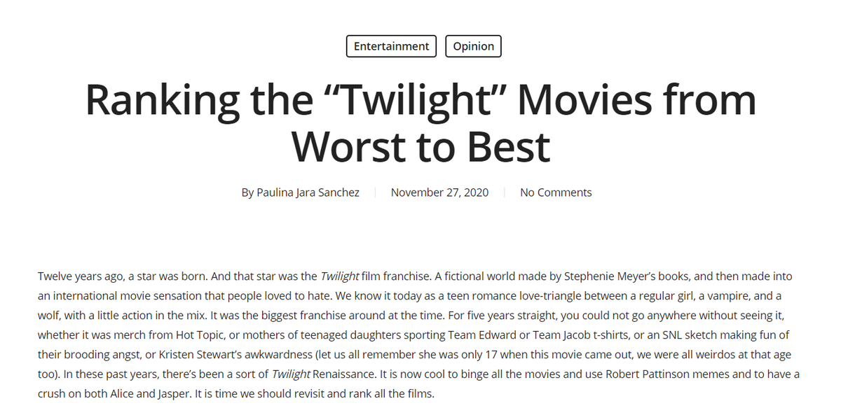 Whether you were Team Edward or Team Jacob, we can all agree that the Twilight movies have been a cultural icon throughout the years. Paulina has shared her worst to the best list of these films. Make sure to check it! #vampire #twilight #edward #bella #jacob #werewolf #Opinion
