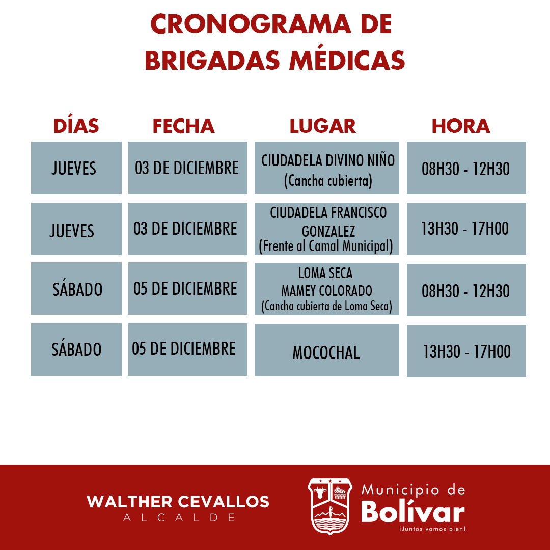 Alcaldía de Bolívar (@bolivarmanabi) on Twitter photo El #GADBolívar a través de la gestión del alcalde <a href="/Walthercevallo/">WaltherCevallosPinargote</a> organiza brigadas médicas en diferentes especialidades, en varios sectores del Cantón. 🩺
👇🏻Revisa el cronograma y horarios de atención, estamos más cerca de ti.
¡Pasa la voz! 🗣️
#ElCambioNoSeDetiene El #GADBolívar a través de la gestión del alcalde <a href="/Walthercevallo/">WaltherCevallosPinargote</a> organiza brigadas médicas en diferentes especialidades, en varios sectores del Cantón. 🩺
👇🏻Revisa el cronograma y horarios de atención, estamos más cerca de ti.
¡Pasa la voz! 🗣️
#ElCambioNoSeDetiene