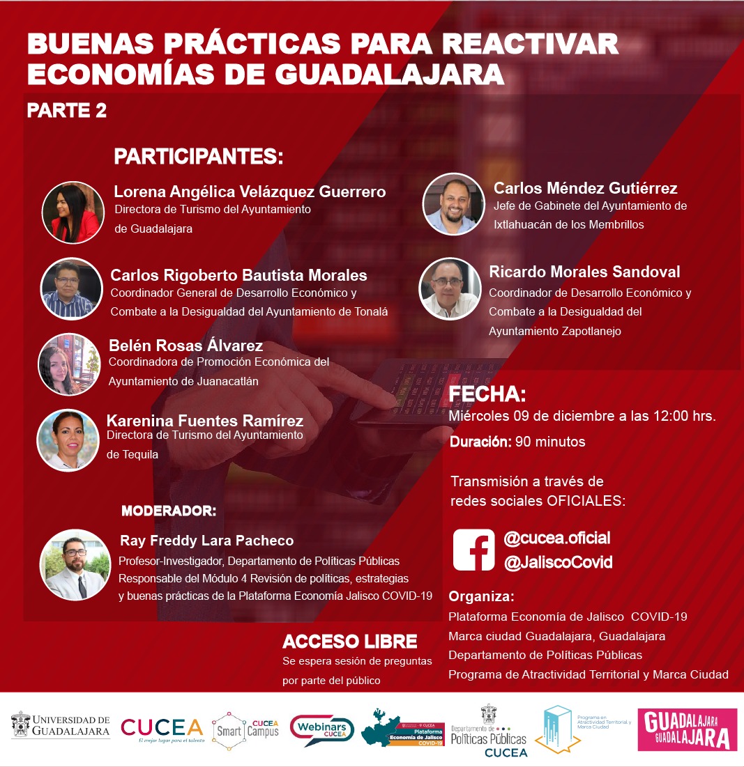 Invitad@s al 2do #webinar Buenas prácticas para reactivar economías de Guadalajara a través del #Facebook de <a href="/CUCEA_OFICIAL/">CUCEA</a> y @JaliscoCovid ahora es turno de #Guadalajara #Juanacatlán #IxtlahuacándelosMembrillos #Tonalá #Tequila #Zapotlanejo youtu.be/U3TofRMqAio 📅9dic ⏰12hrs