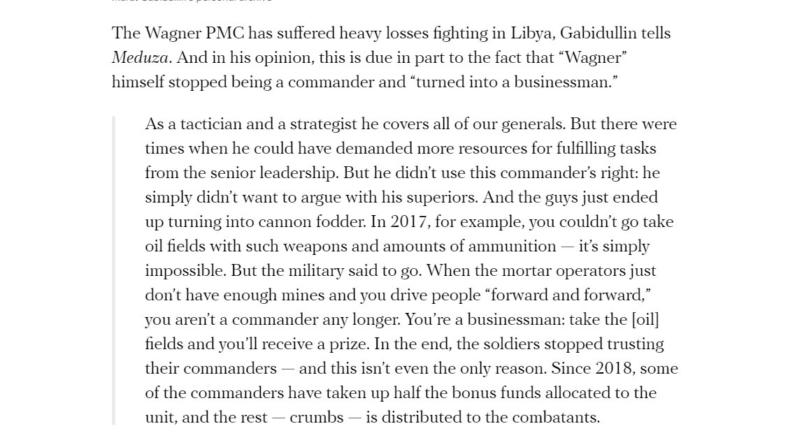 We haven't heard much about Wagner causalities in Libya recently, but they likely sustained some during the battle of Tripoli. He alleges that Wagner commanders view it more as a business, which means asking for fewer resources for their fighters and taking more of the profit. 6/