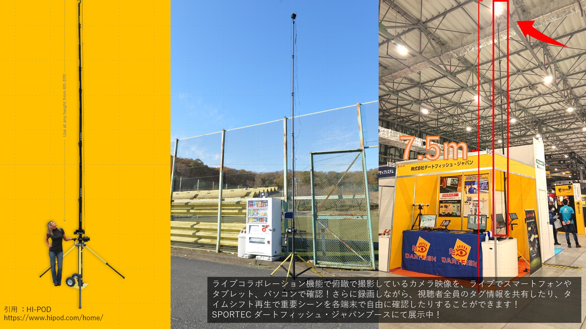 ダートフィッシュ ジャパン 映像分析ソフト 戦術分析 ソリューション スポルテック 情報 ライブコラボレーション 機能に最適 7 5mの ハイアングル で 試合 を 撮影 さらに ビデオカメラ を取り付けて縦 横にアングルを変えることもできます