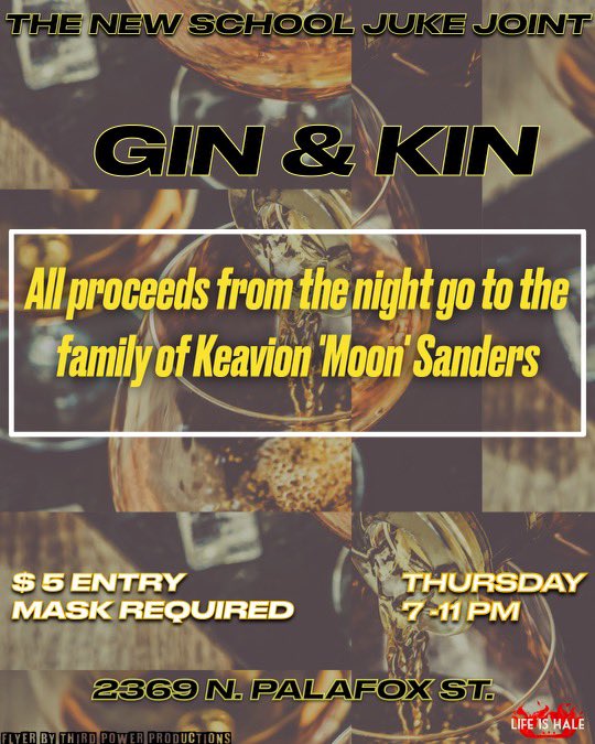 LifeIsHale_'s tweet photo. All proceeds for Gin &amp; Kin tomorrow will go to Keavion ‘Moon’ Sanders https://t.co/cFGb6yosIG