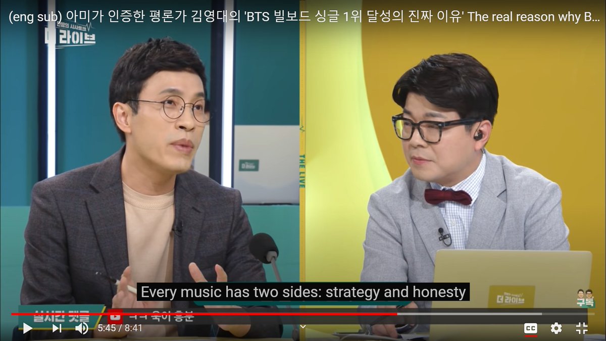 Integrity and authenticity. (Btw they are talking about Dynamite the translation should've been single.) I'm so happy to have Kim Young day out there though he set them straight real quick +