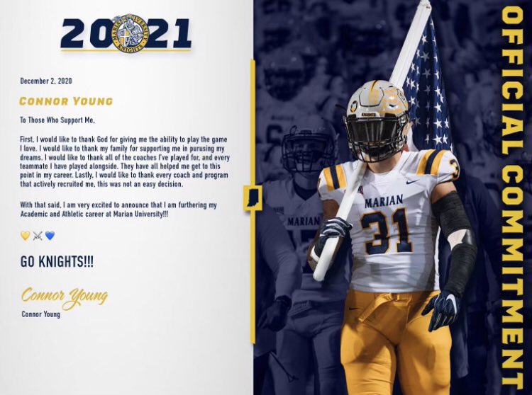 ConnorYoung58's tweet photo. Honored to say I have committed to Marian University!!!💙⚔️💛#GoKnights @StinnToWin @CoachWhalen59 @CoachHenn @BHSfootball4 @jrogers27277 @TrainBSP https://t.co/5JYgOpEKr2