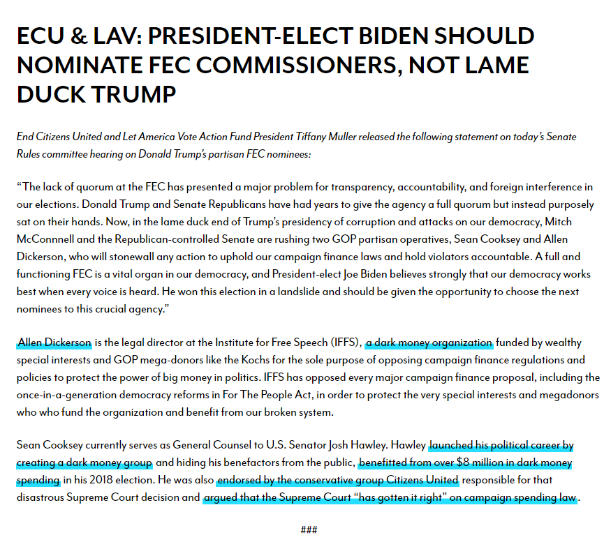 Both  @StopBigMoney and  @letamericavote have spoken out against the nominations, insisting that a lame duck President should not appoint half of the FEC commission. 8/