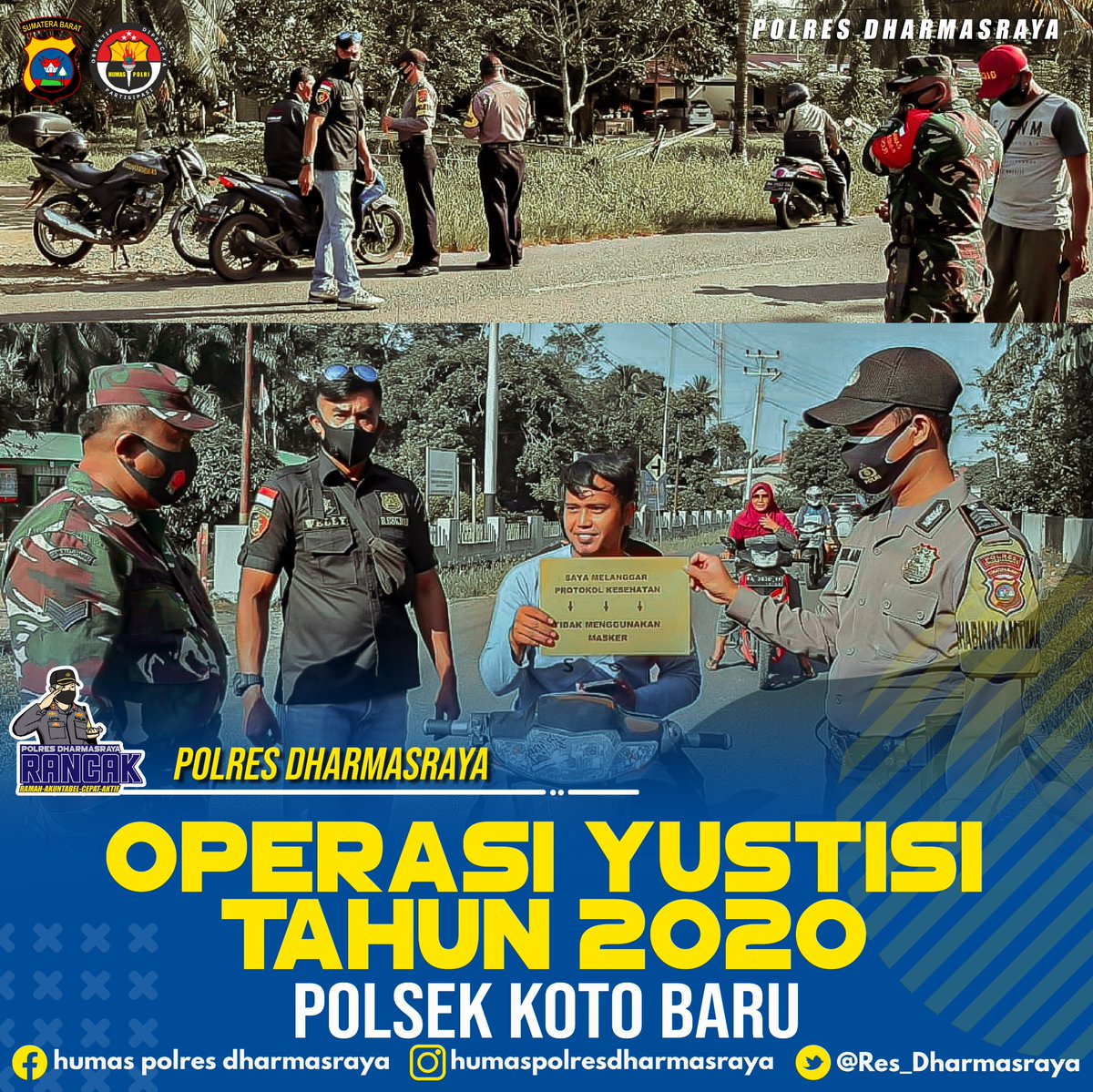 Res_Dharmasraya's tweet photo. Polsek Koto Baru bersama Koramil Koto Baru laksanakan pendisiplinan protokol kesehatan di Kec. Koto Baru dalam rangka Operasi Yustisi tahun 2020 https://t.co/TOQdwowliy
