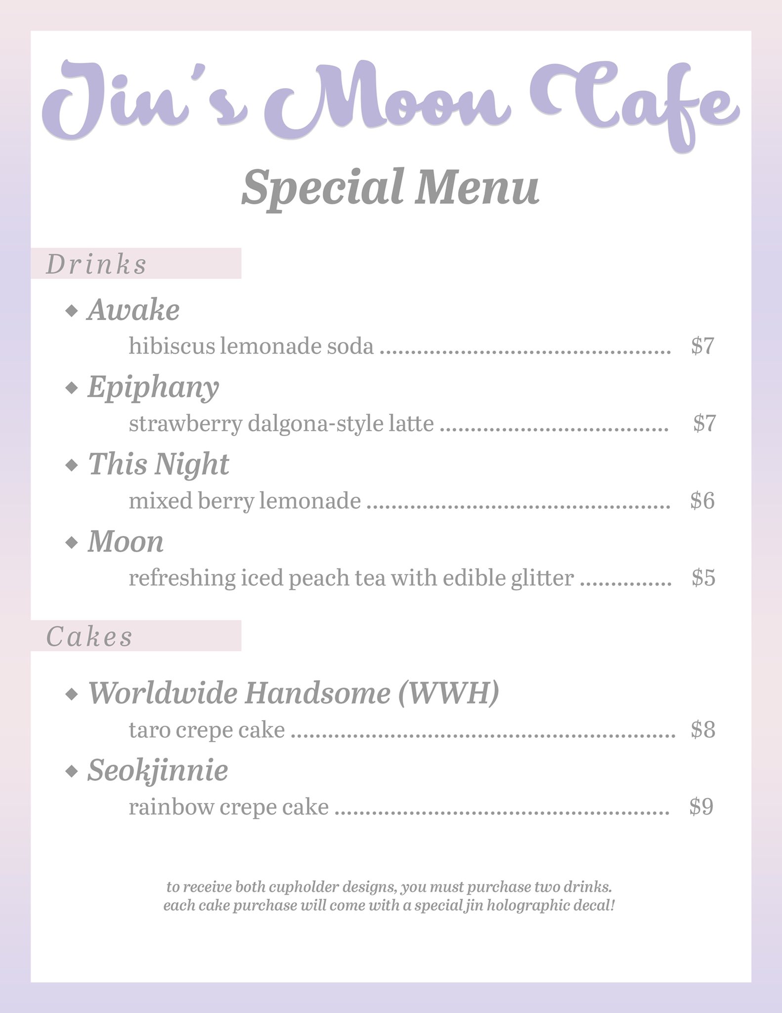 Bts Cafe Jin S Moon Cafe In La Special Menu T Co Hpfq1zmnzs Twitter