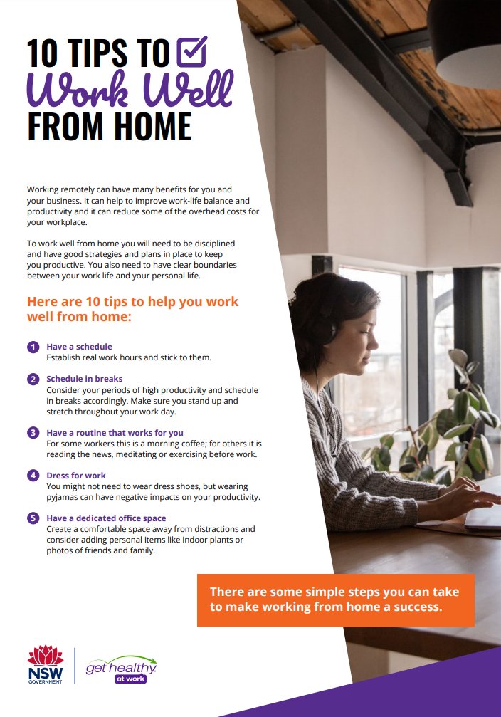 GetHealthy_Work's tweet image. Still working from home? Are you finding it to be more challenging now than in the beginning? Check out Get Healthy at Work's 10 Tips to Work Well From Home Factsheet. There are some simple steps for everyone to make working from home a success. bit.ly/2IE731o