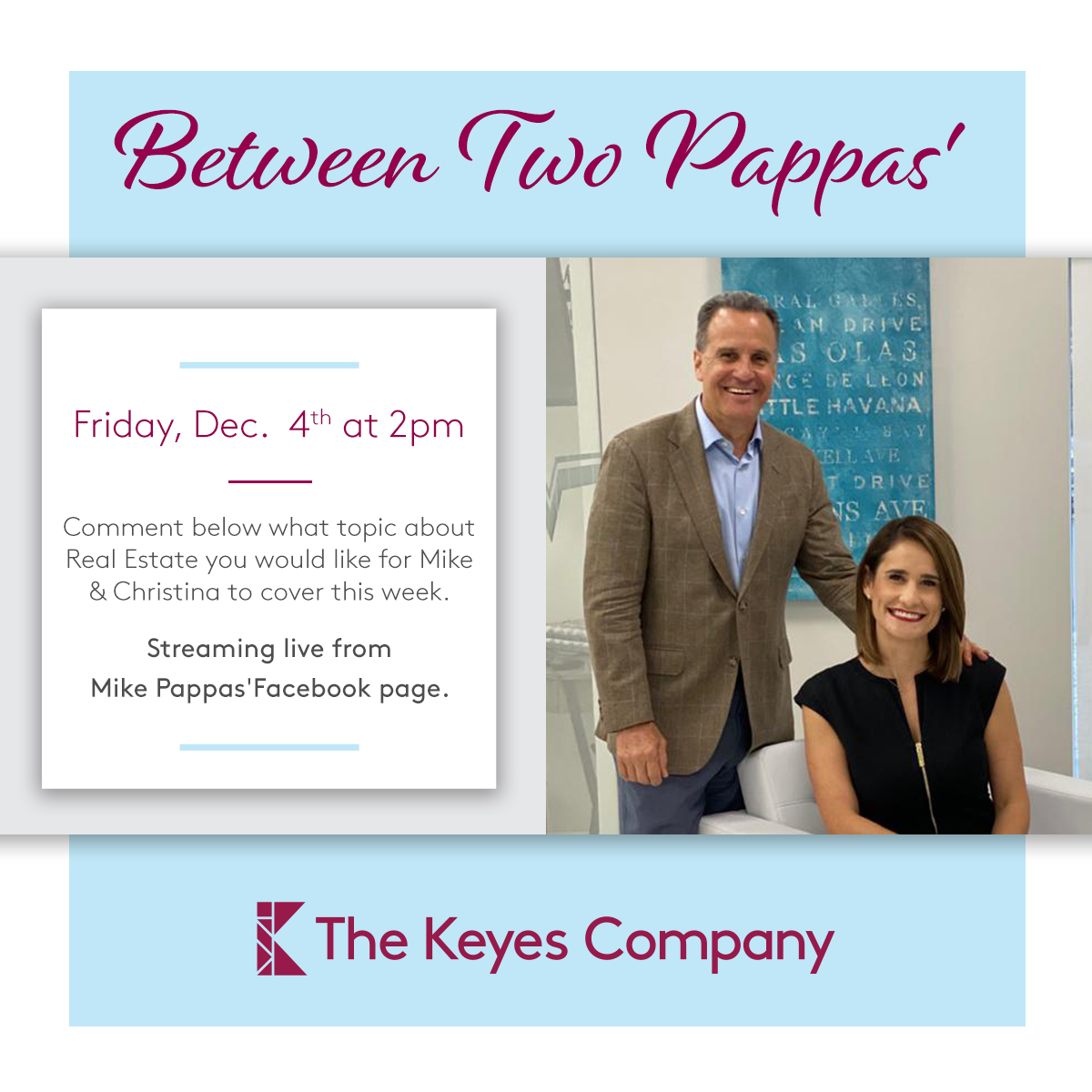 KeyesRealtors's tweet photo. The Pappas' are back this week and they have a big announcement that you won't want to miss! Tune in Live from Mike's Facebook Page at 2pm this Friday! #KeyesRealtors #FridayFacebookLive #FLRealEstate https://t.co/FcnQXBOcNJ