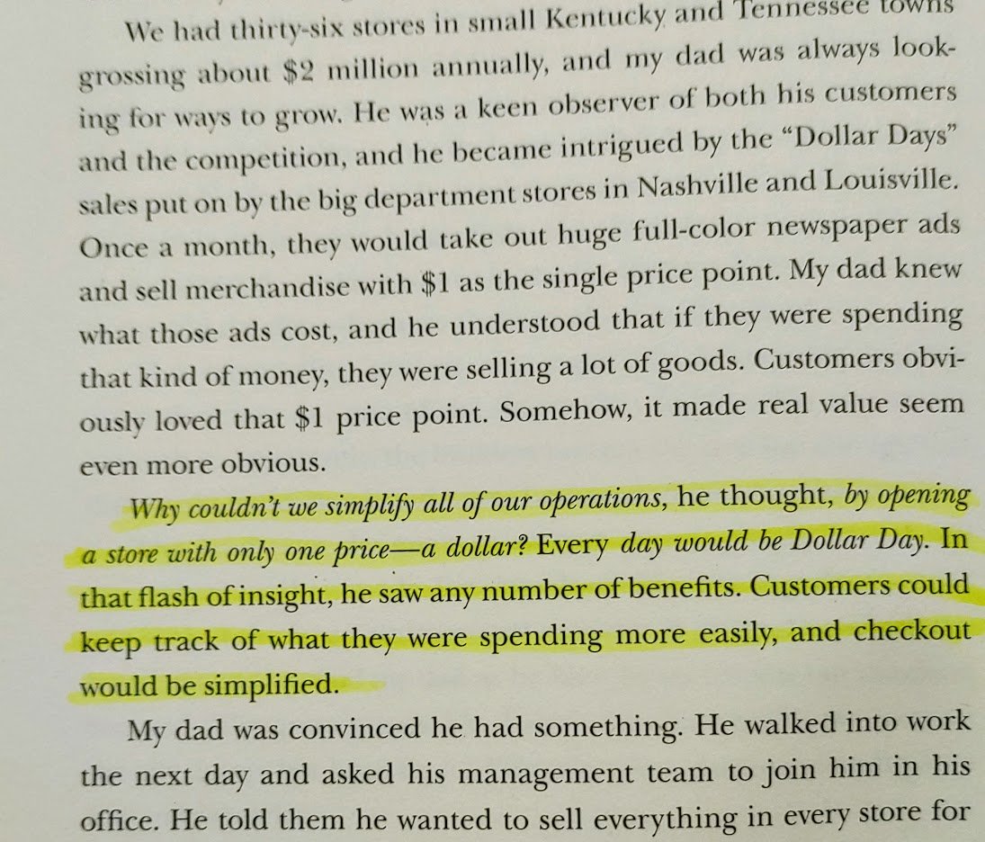 5/ The "aha!" moment came when the Turners were operating 30+ stores in KY and TN. Cal Sr was enamored w/ how $1 sales brought in crowds at big stores and decided to make everything $1. Pros included making the value obvious to customers and a simplified checkout experience.